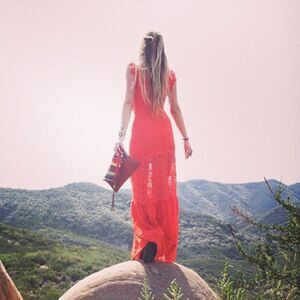 NWT NightCap Clothing XS/S Victorian Lace Orange Coral Caletto Maxi Long Dress